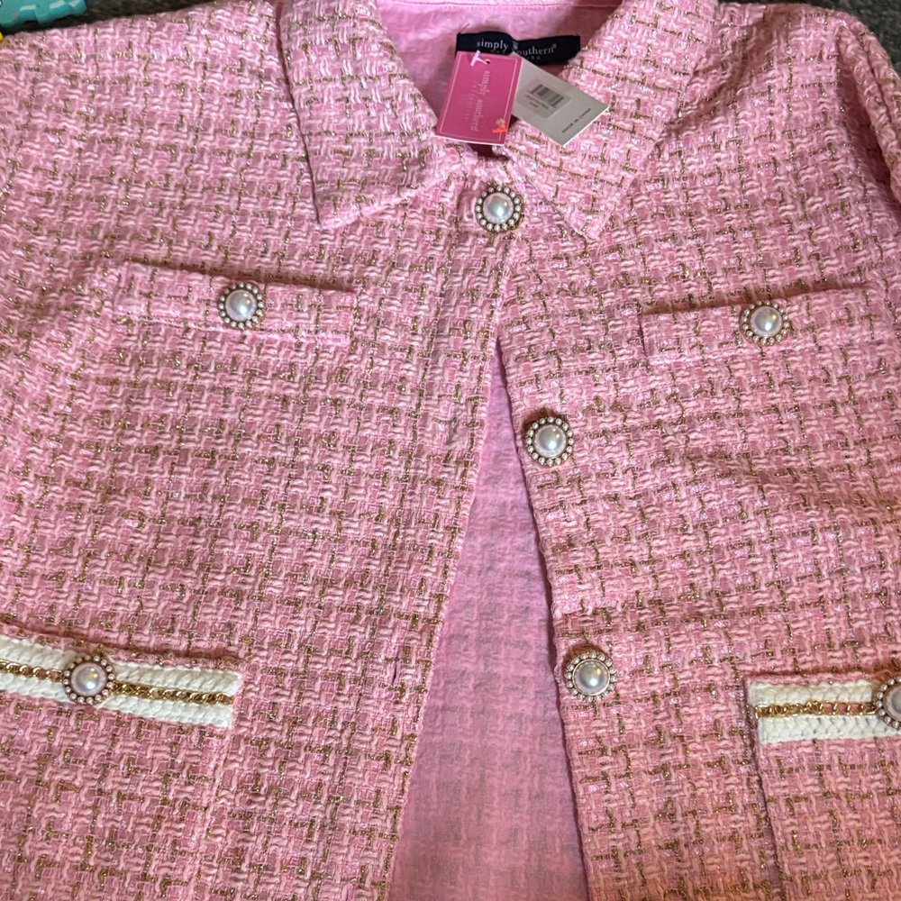 Simply Southern Pink Tweed Jacket with Pearl Accent